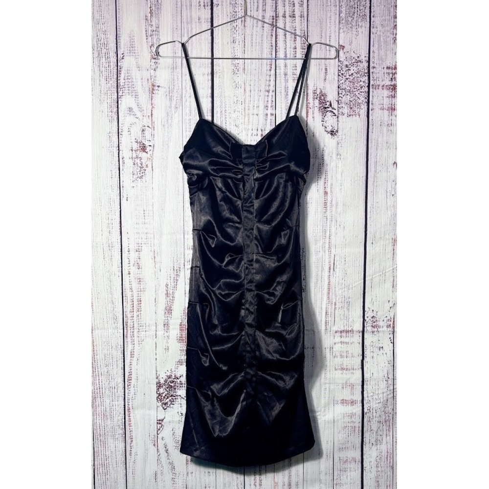 B. Darlin Y2K Black Satin Ruched Mini Dress Size 7/8 Coquette Promcore